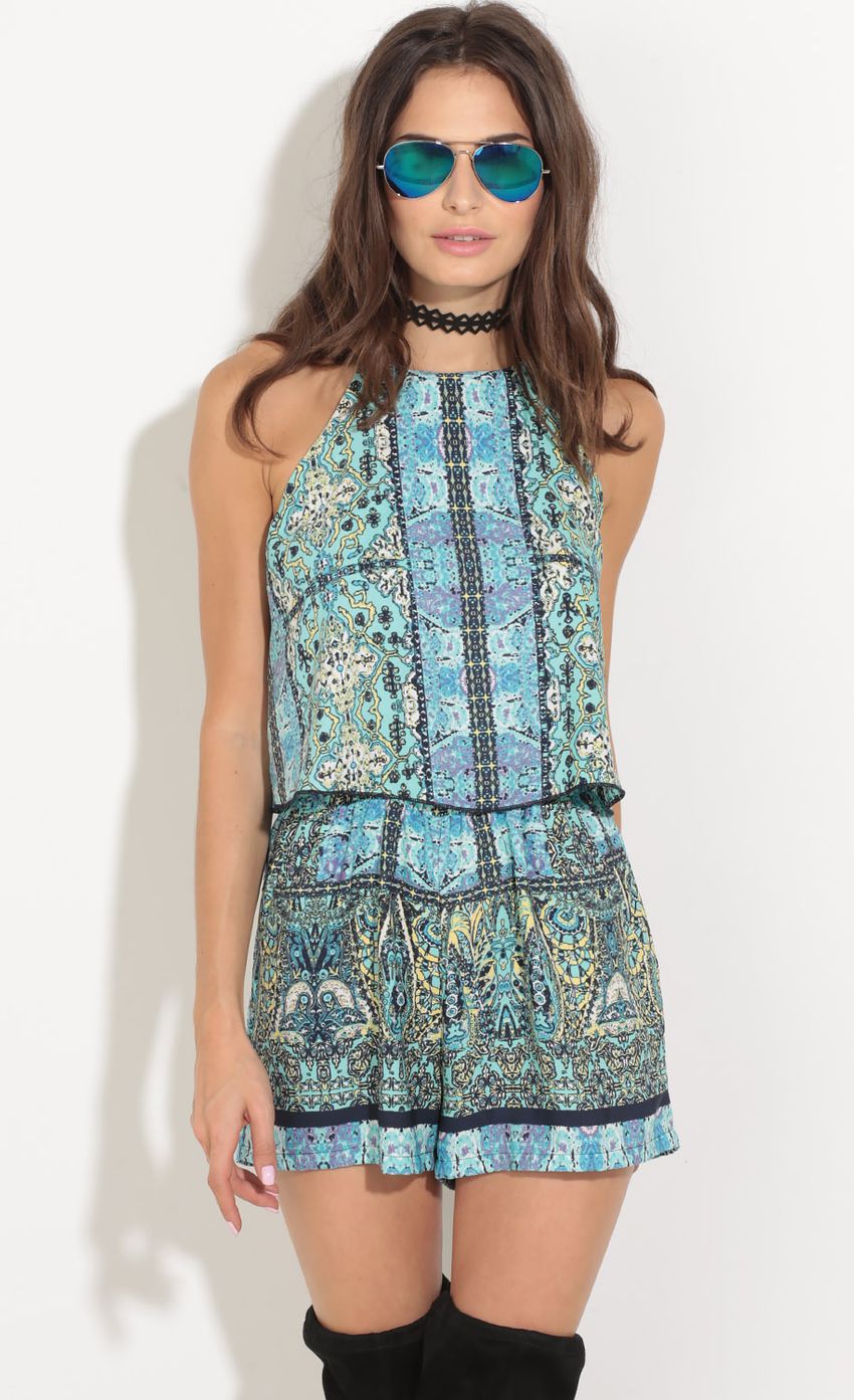 Picture Layered Tribal Romper In Turquoise. Source: https://media-img.lucyinthesky.com/data/Aug16_1/850xAUTO/0Y5A8735.JPG