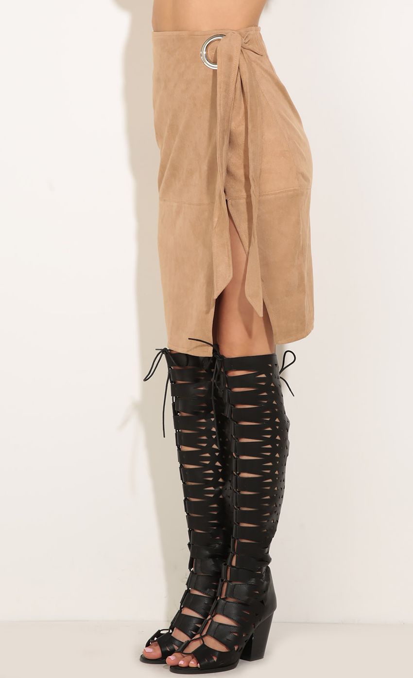 Picture Suede Buckle Wrap Skirt In Taupe. Source: https://media-img.lucyinthesky.com/data/Aug16_2/850xAUTO/0Y5A4572.JPG