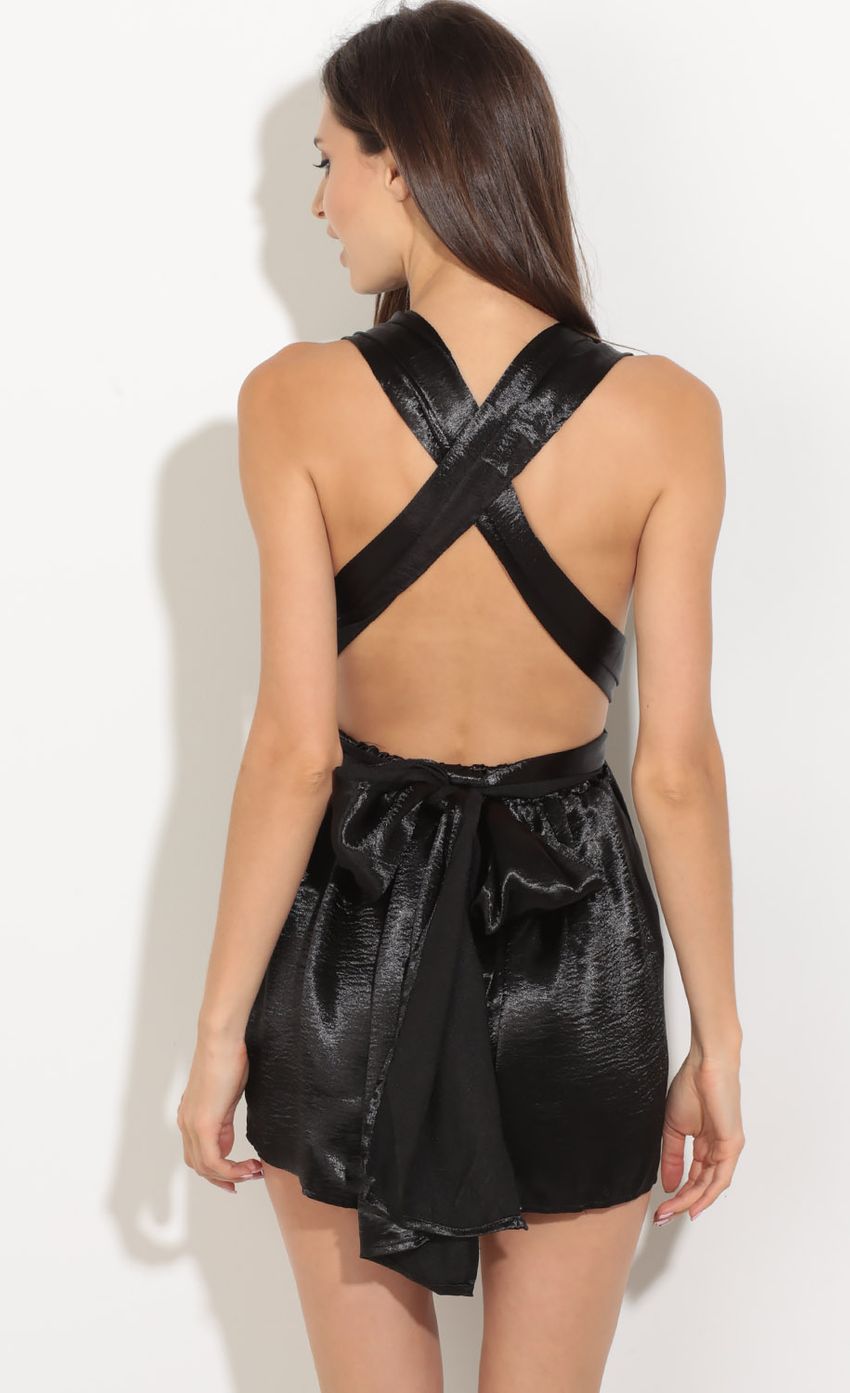 Picture Satin Shimmer Tie-Up Romper In Black. Source: https://media-img.lucyinthesky.com/data/Aug16_2/850xAUTO/0Y5A5302.JPG