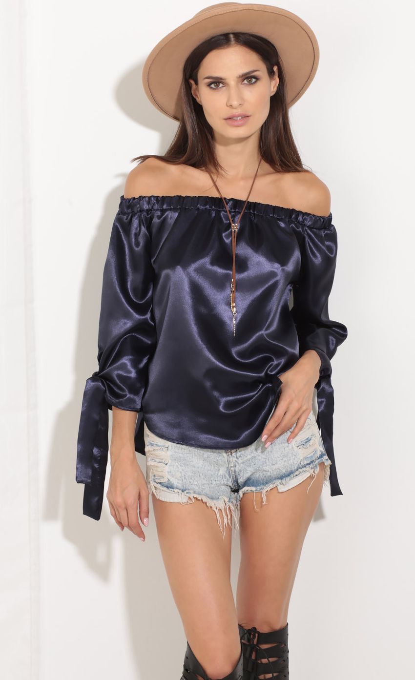 Picture Off The Shoulder Satin Top In Navy Blue. Source: https://media-img.lucyinthesky.com/data/Aug16_2/850xAUTO/0Y5A5482.JPG