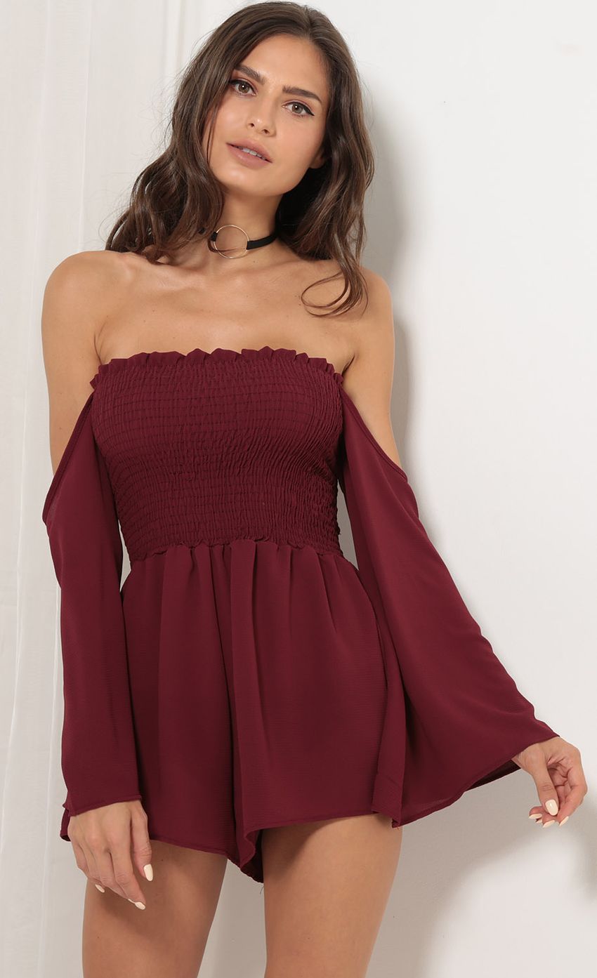 Picture Open Shoulder Romper In Burgundy. Source: https://media-img.lucyinthesky.com/data/Aug17_1/850xAUTO/0Y5A7632.JPG