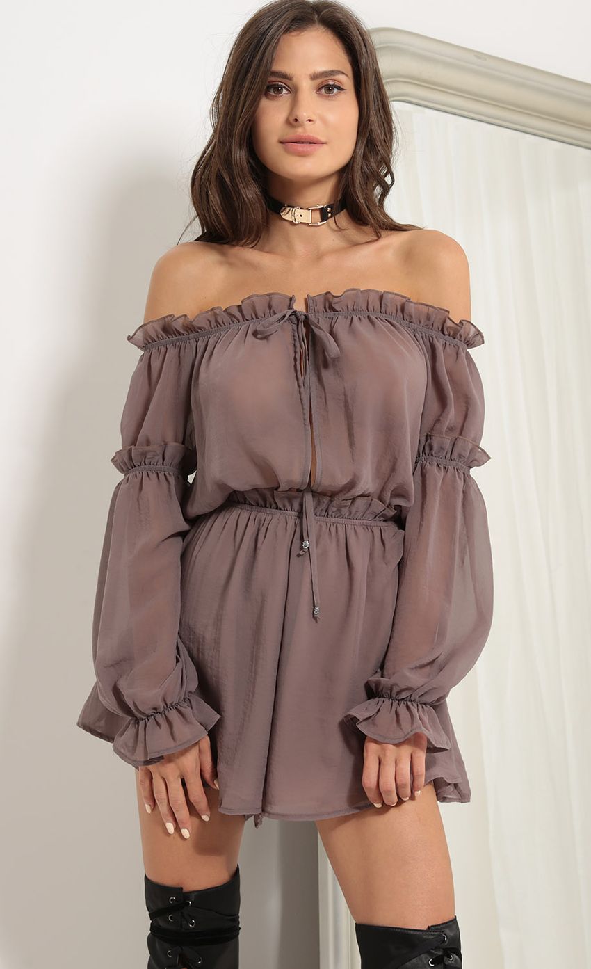 Picture Wild Thoughts Off The Shoulder Romper In Mocha. Source: https://media-img.lucyinthesky.com/data/Aug17_2/850xAUTO/0Y5A2028SS.JPG