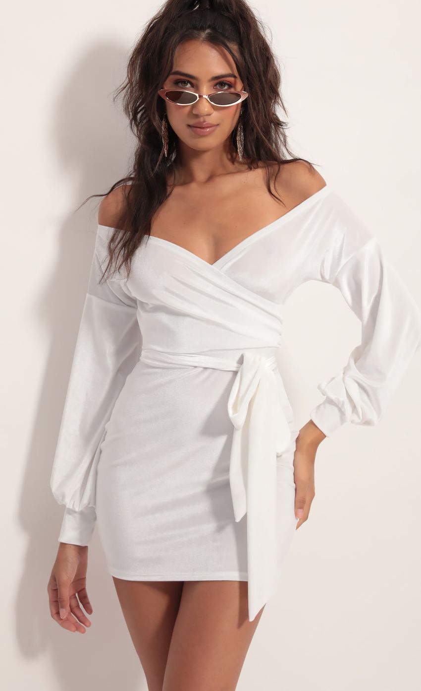 Picture Off Shoulder Velvet Dress in White. Source: https://media-img.lucyinthesky.com/data/Aug19_1/850xAUTO/781A3811.JPG