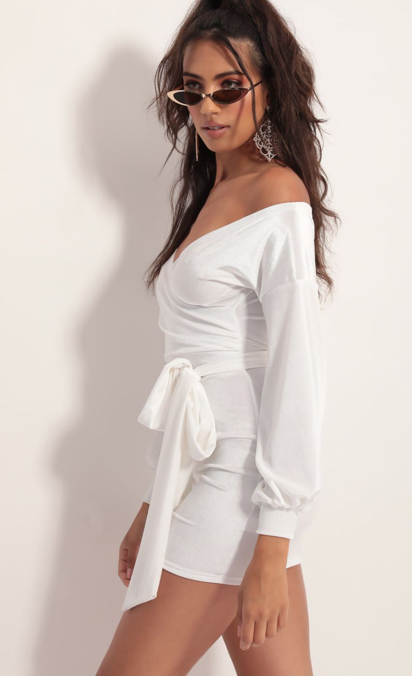 Picture Off Shoulder Velvet Dress in White. Source: https://media-img.lucyinthesky.com/data/Aug19_1/850xAUTO/781A3820.JPG