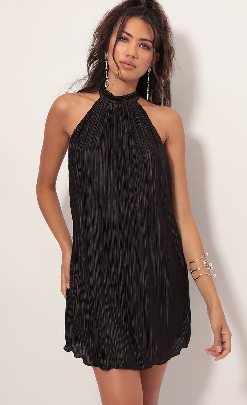 Picture Midnight Satin Halter Dress in Black. Source: https://media-img.lucyinthesky.com/data/Aug19_1/850xAUTO/781A4389.JPG