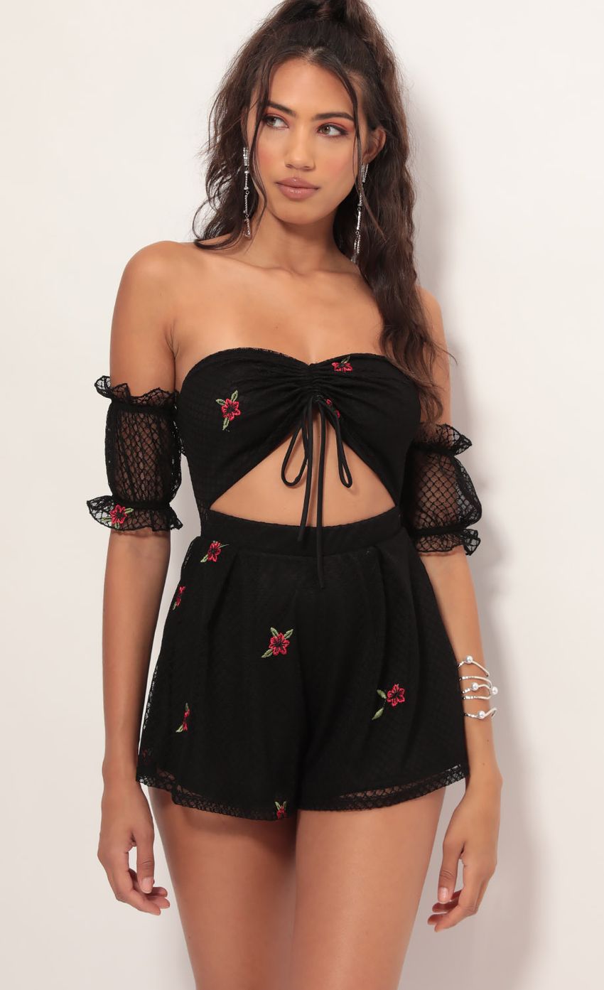 Picture Hailee Lace Romper in Black Roses. Source: https://media-img.lucyinthesky.com/data/Aug19_1/850xAUTO/781A4469.JPG