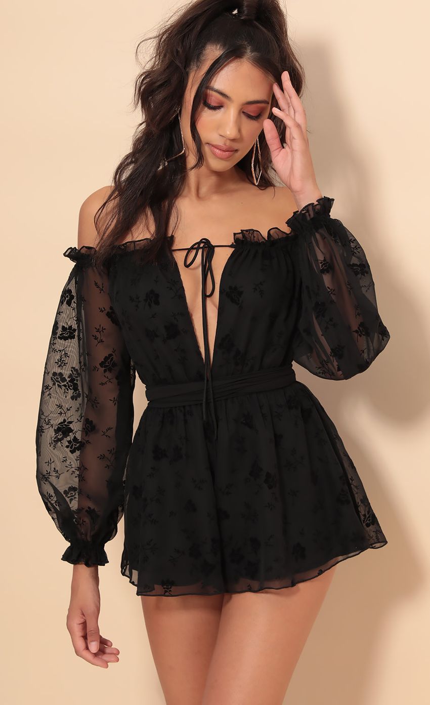Picture Vallarta Off The Shoulder Dress in Black Floral. Source: https://media-img.lucyinthesky.com/data/Aug19_2/850xAUTO/781A0743.JPG