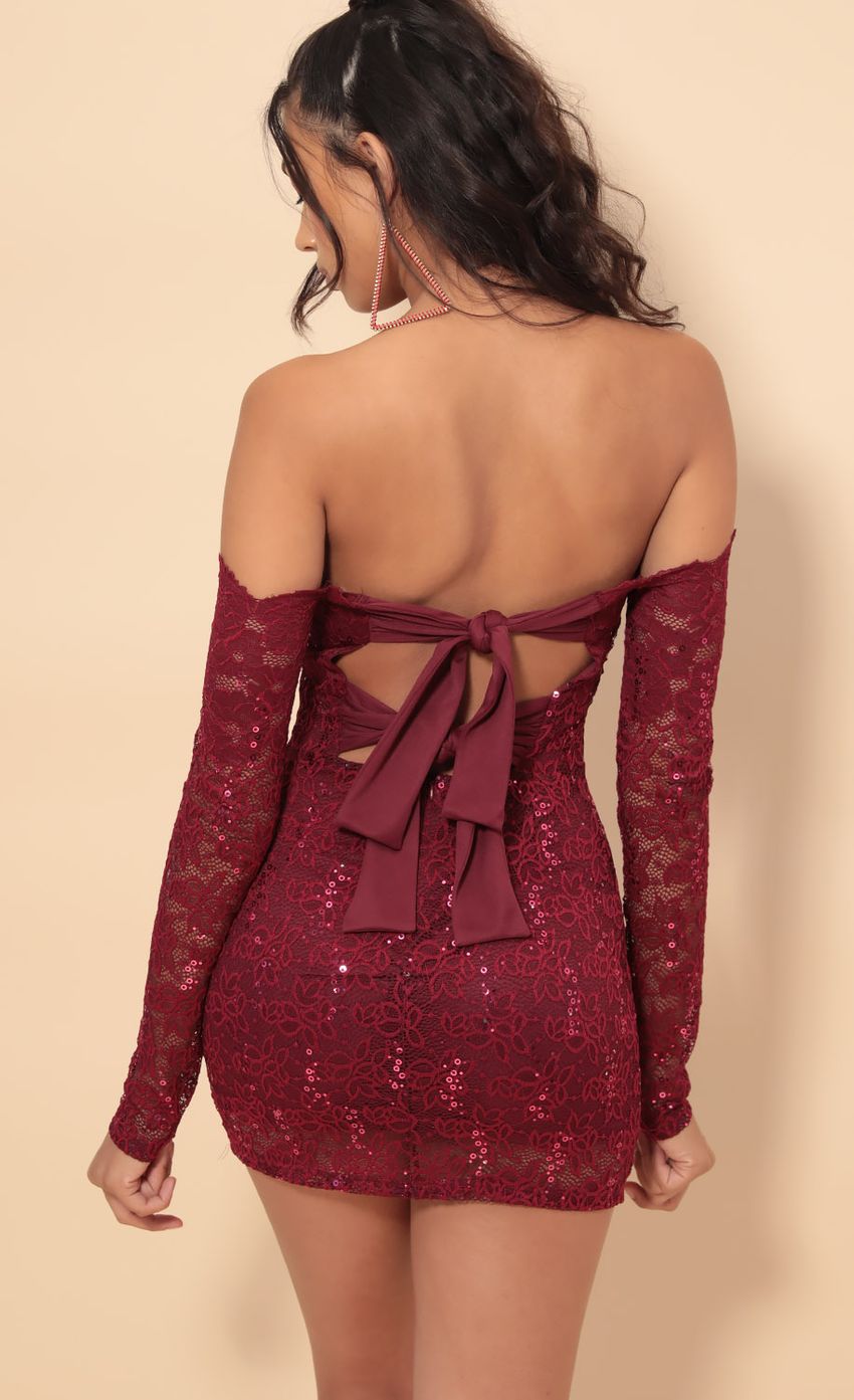 Picture Alycia Scalloped Lace Dress in  Merlot. Source: https://media-img.lucyinthesky.com/data/Aug19_2/850xAUTO/781A9141.JPG