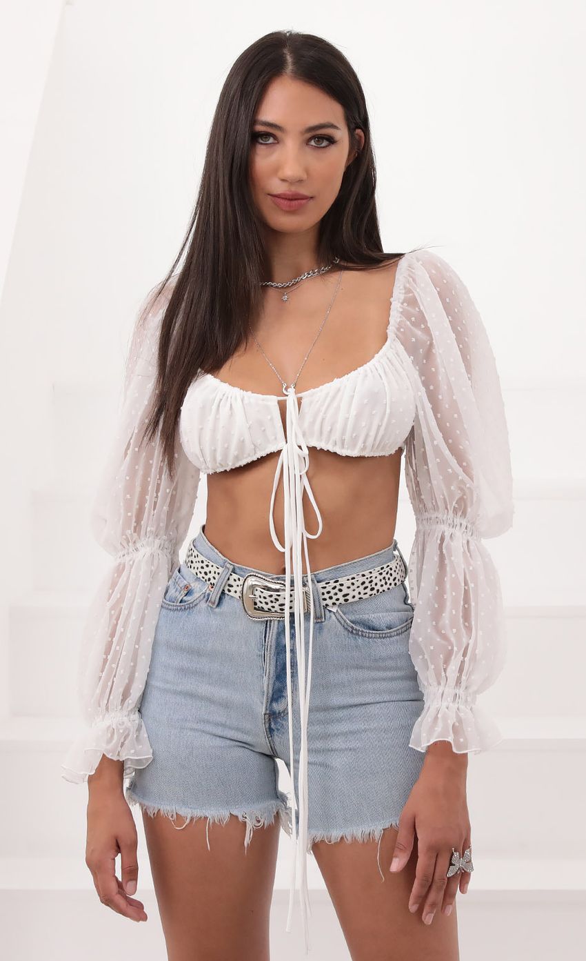 Picture Puff Sleeve Front Tie Crop In White Chiffon Polka Dots. Source: https://media-img.lucyinthesky.com/data/Aug20_2/850xAUTO/781A2263.JPG
