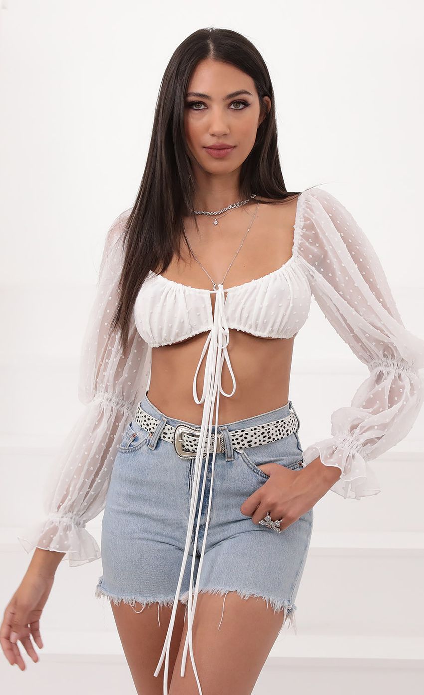 Picture Puff Sleeve Front Tie Crop In White Chiffon Polka Dots. Source: https://media-img.lucyinthesky.com/data/Aug20_2/850xAUTO/781A2280.JPG