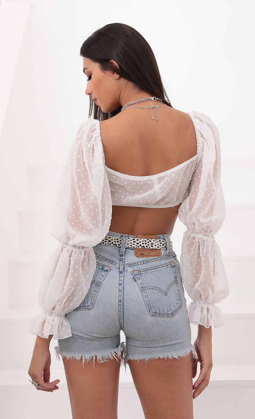 Picture Puff Sleeve Front Tie Crop In White Chiffon Polka Dots. Source: https://media-img.lucyinthesky.com/data/Aug20_2/850xAUTO/781A2363.JPG