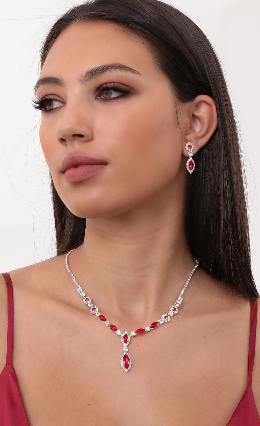 Picture Ruby Droplet Earring &amp; Necklace Set in Silver. Source: https://media-img.lucyinthesky.com/data/Aug20_2/850xAUTO/781A4037.JPG