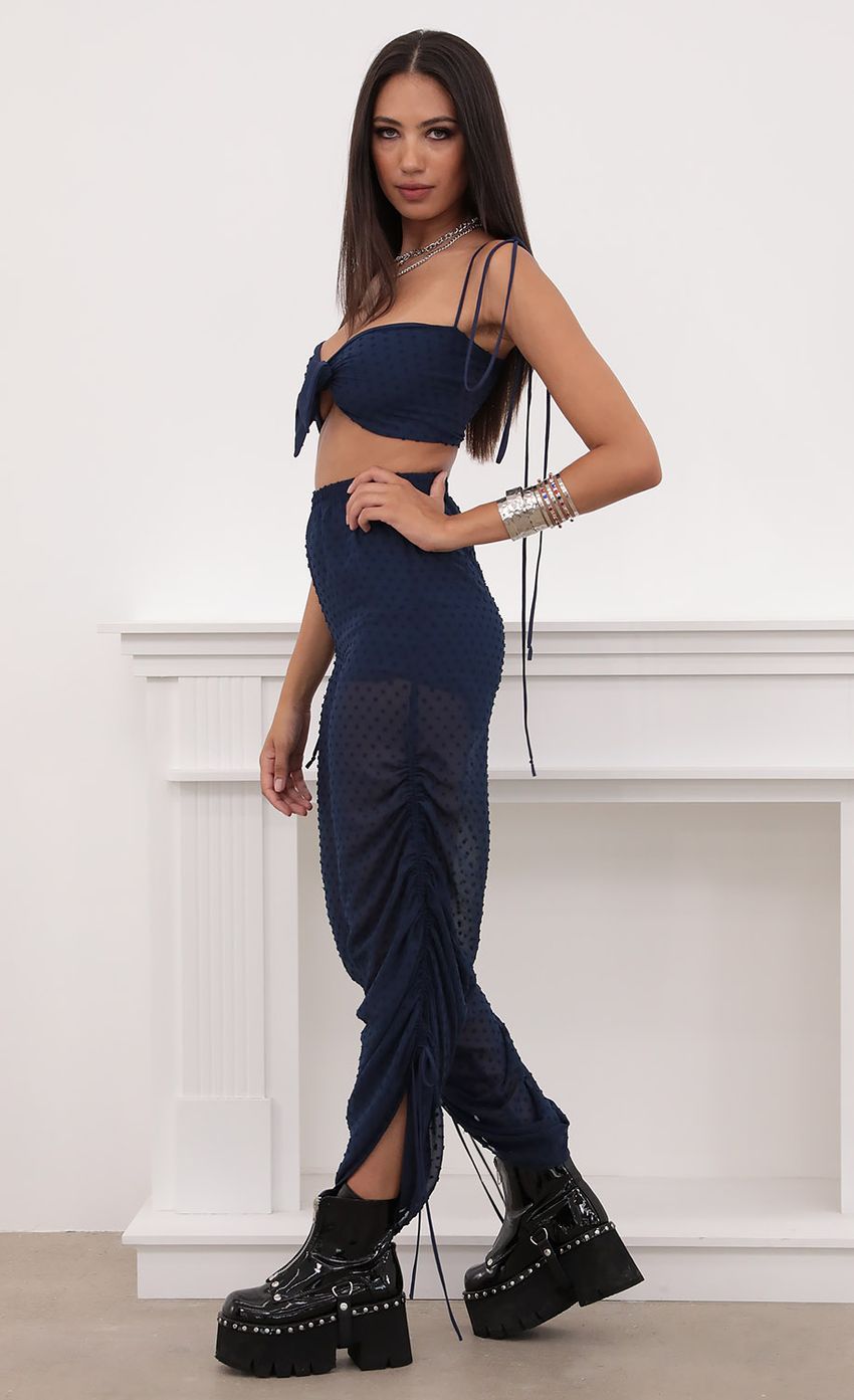 Picture Ruched Pant Set in Chiffon Navy Dots. Source: https://media-img.lucyinthesky.com/data/Aug20_2/850xAUTO/781A5471.JPG