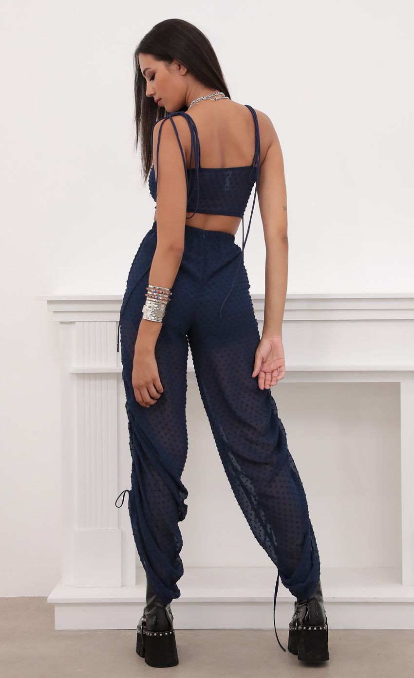 Picture Ruched Pant Set in Chiffon Navy Dots. Source: https://media-img.lucyinthesky.com/data/Aug20_2/850xAUTO/781A5520.JPG
