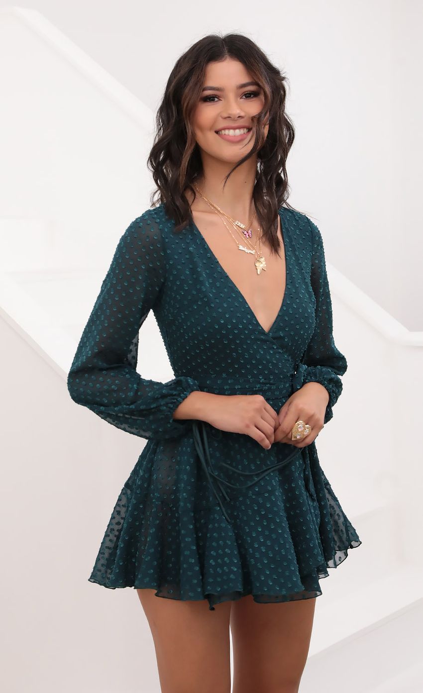 Picture Ruffle Wrap Dress in Dotted Emerald Chiffon. Source: https://media-img.lucyinthesky.com/data/Aug20_2/850xAUTO/781A6524.JPG