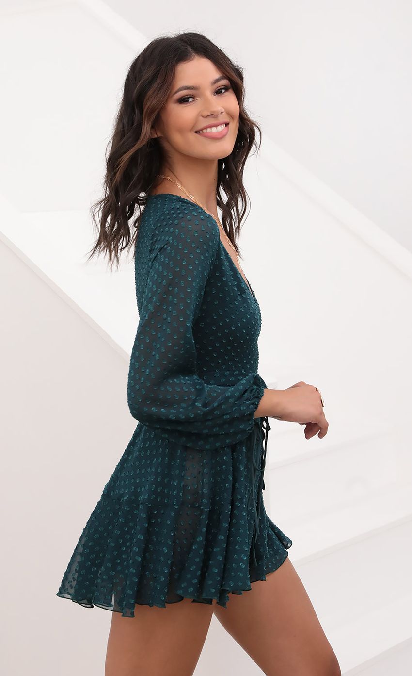 Picture Ruffle Wrap Dress in Dotted Emerald Chiffon. Source: https://media-img.lucyinthesky.com/data/Aug20_2/850xAUTO/781A6548.JPG