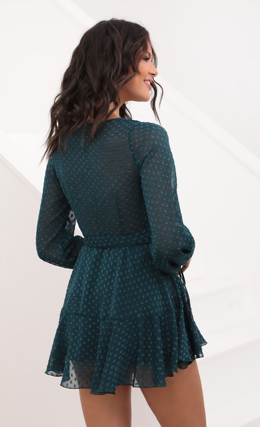 Picture Ruffle Wrap Dress in Dotted Emerald Chiffon. Source: https://media-img.lucyinthesky.com/data/Aug20_2/850xAUTO/781A6587.JPG