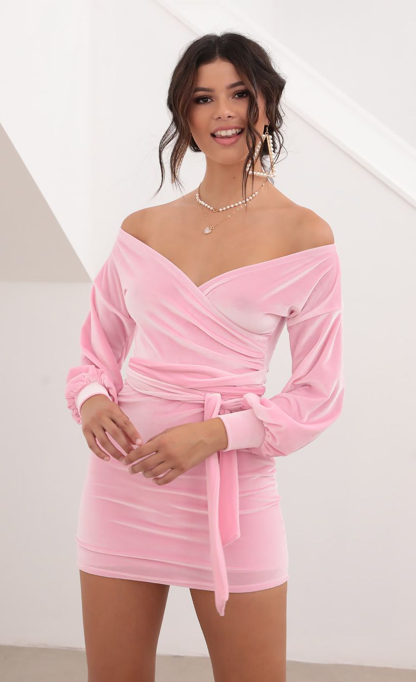 Picture Off Shoulder Dress in Velvet Baby Pink. Source: https://media-img.lucyinthesky.com/data/Aug20_2/850xAUTO/781A7551.JPG