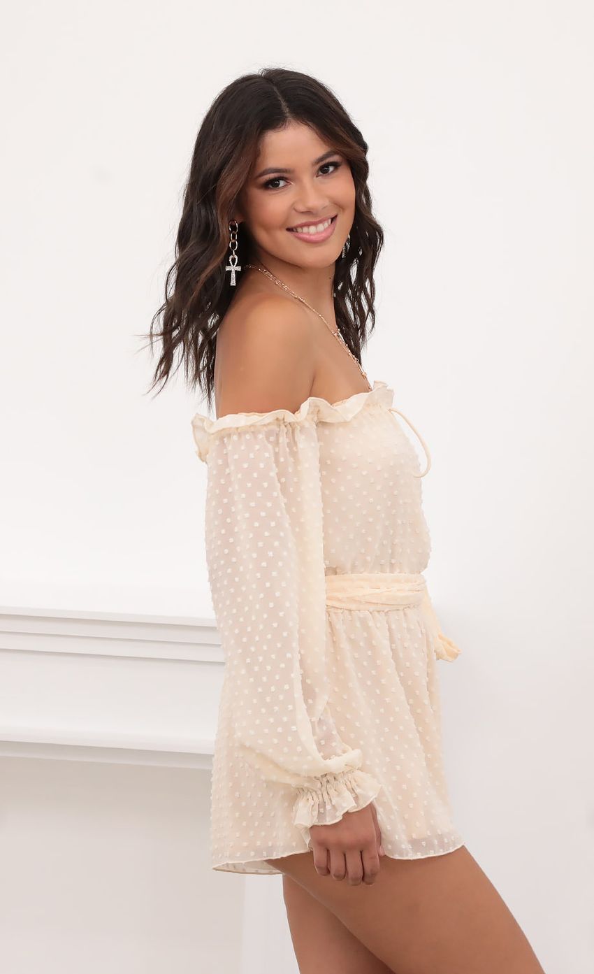 Picture Off The Shoulder Romper in Chiffon Polka Dot Ivory. Source: https://media-img.lucyinthesky.com/data/Aug20_2/850xAUTO/781A9001.JPG