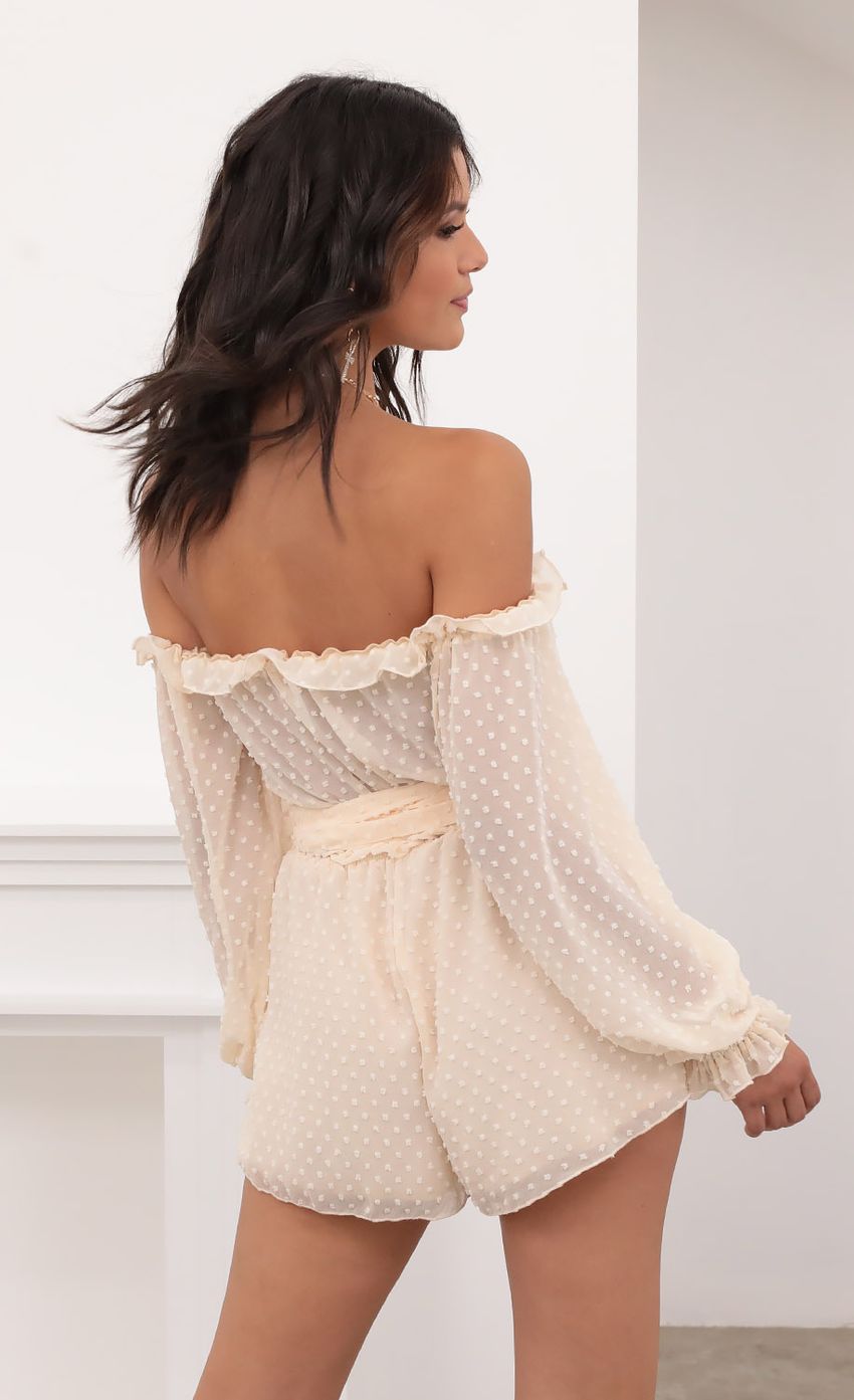 Picture Off The Shoulder Romper in Chiffon Polka Dot Ivory. Source: https://media-img.lucyinthesky.com/data/Aug20_2/850xAUTO/781A9014.JPG
