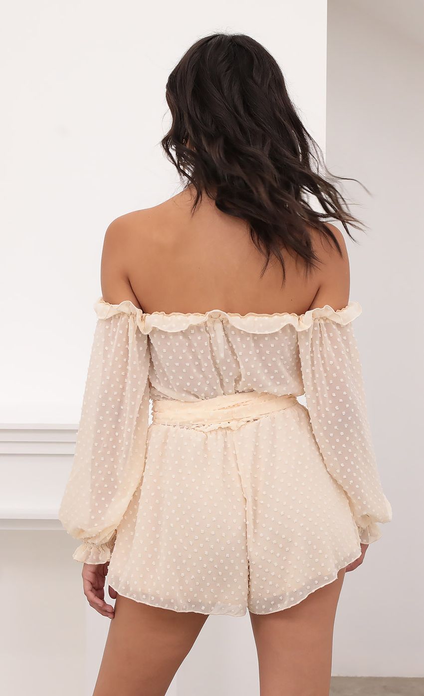 Picture Off The Shoulder Romper in Chiffon Polka Dot Ivory. Source: https://media-img.lucyinthesky.com/data/Aug20_2/850xAUTO/781A9020.JPG