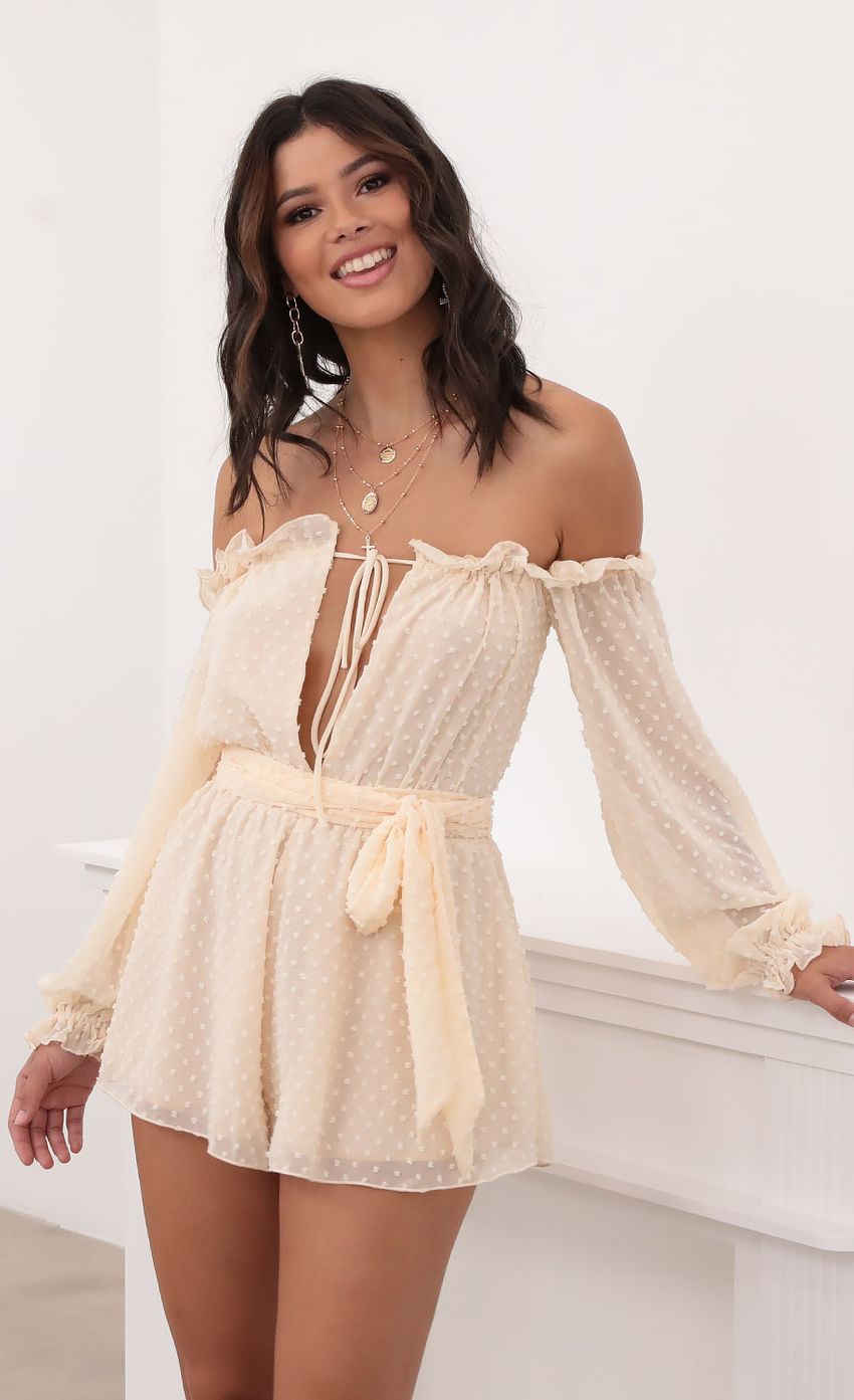 Picture Off The Shoulder Romper in Chiffon Polka Dot Ivory. Source: https://media-img.lucyinthesky.com/data/Aug20_2/850xAUTO/781A9078.JPG