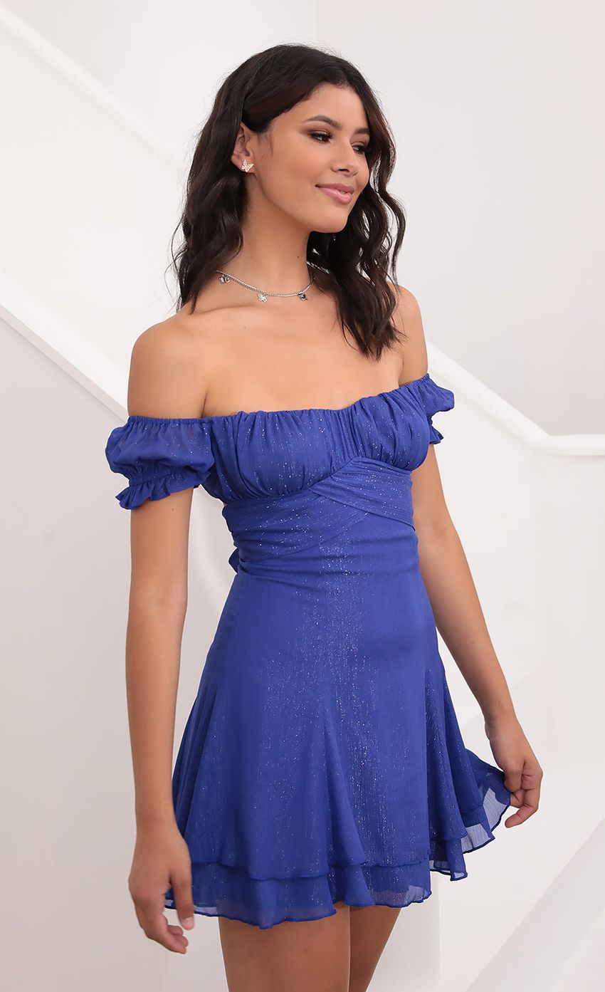 Picture Off Shoulder Dress in Shimmering Royal Blue. Source: https://media-img.lucyinthesky.com/data/Aug20_2/850xAUTO/781A9440.JPG