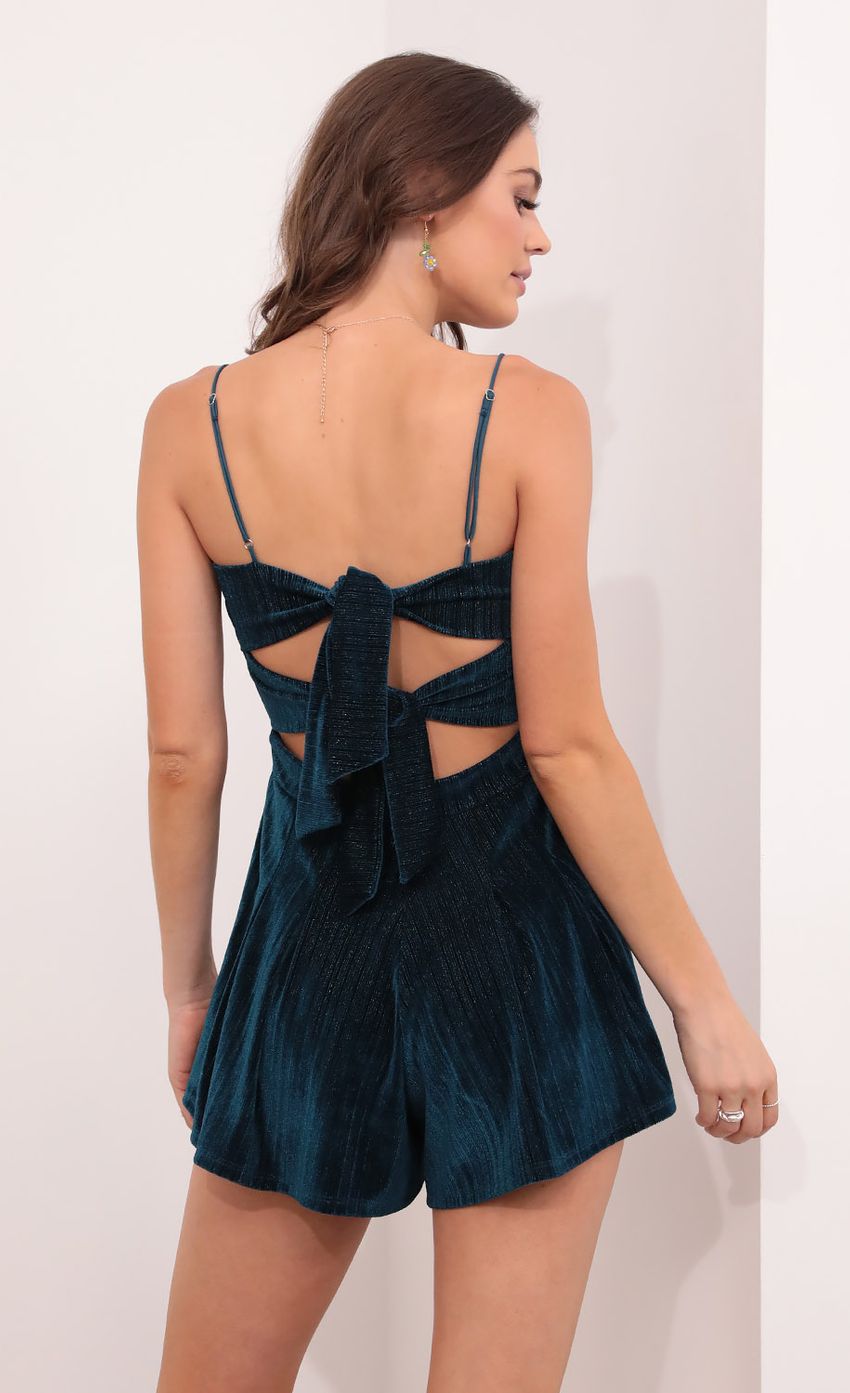 Picture Juliana Cutout Romper in Turquoise Velvet. Source: https://media-img.lucyinthesky.com/data/Aug21_1/850xAUTO/1V9A3856.JPG