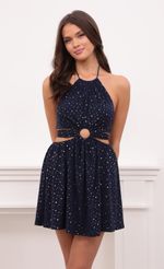 Picture Halter Cutout Dress in Blue Shimmer. Source: https://media-img.lucyinthesky.com/data/Aug21_2/150xAUTO/1V9A5706.JPG