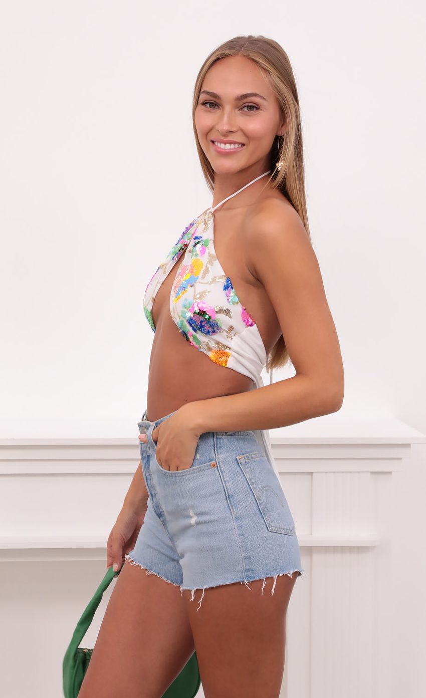 Picture Multi Colored Sequin Mesh Top in White. Source: https://media-img.lucyinthesky.com/data/Aug21_2/850xAUTO/1V9A0234.JPG