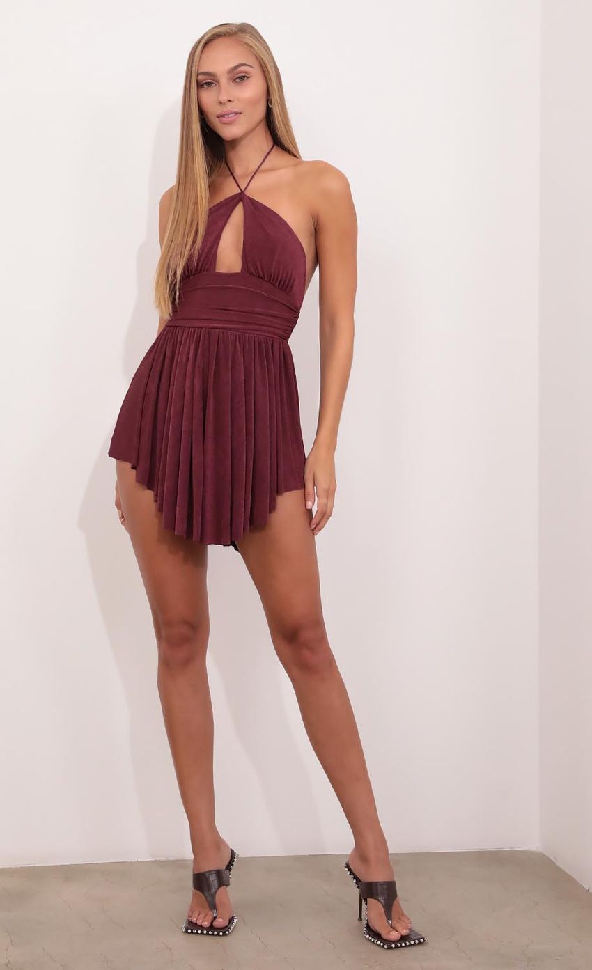 Picture Pleated Halter Dress in Burgandy. Source: https://media-img.lucyinthesky.com/data/Aug21_2/850xAUTO/1V9A0387.JPG