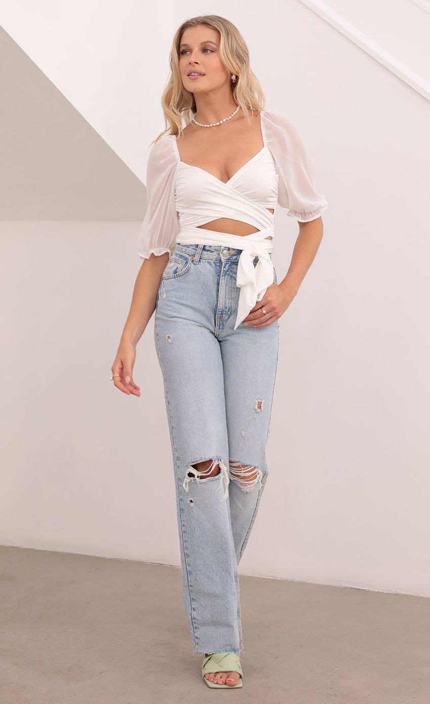 Picture Aliah Puff Chiffon Wrap Top in White. Source: https://media-img.lucyinthesky.com/data/Aug21_2/850xAUTO/1V9A0620.JPG