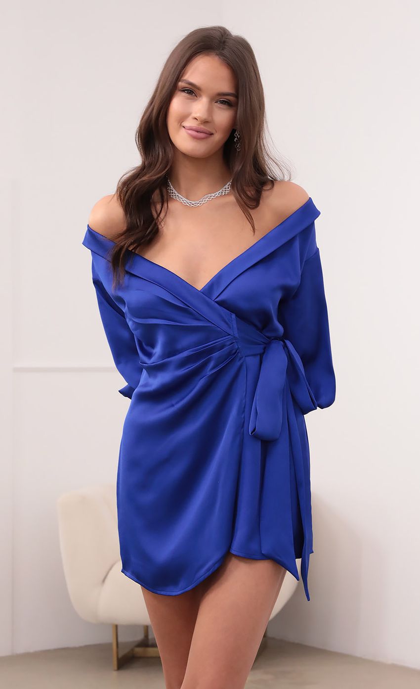Picture Off Shoulder Wrap Dress in Royal Blue. Source: https://media-img.lucyinthesky.com/data/Aug21_2/850xAUTO/1V9A2603.JPG