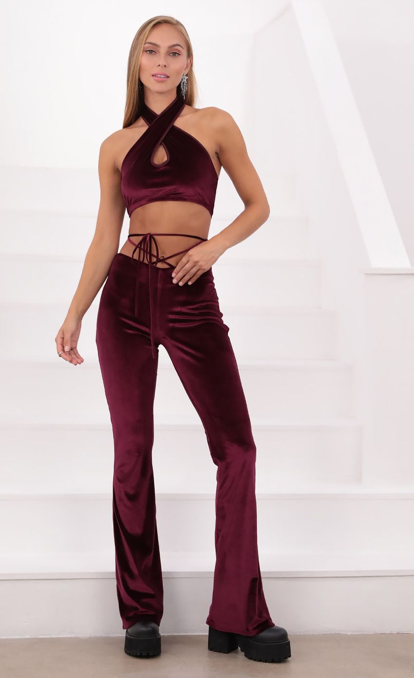 Picture Jhene Two Piece Pant Set in Burgundy Velvet. Source: https://media-img.lucyinthesky.com/data/Aug21_2/850xAUTO/1V9A4271.JPG