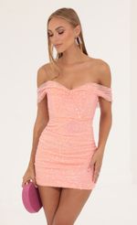 Picture Iridescent Sequin Corset Dress in Peach. Source: https://media-img.lucyinthesky.com/data/Aug22/150xAUTO/406eab69-4a7d-4f18-bba0-28cfd971cd7a.jpg