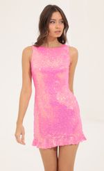 Picture Holographic Sequin Open Back Ruffle Dress in Pink. Source: https://media-img.lucyinthesky.com/data/Aug22/150xAUTO/c84bf862-09fa-4bdd-bcc0-7176b8c78fad.jpg