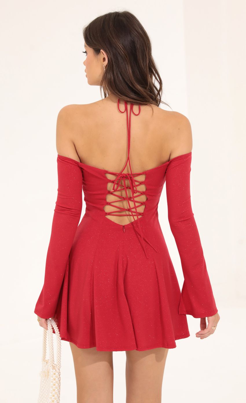 Picture Glitter Off The Shoulder Flare Dress in Red. Source: https://media-img.lucyinthesky.com/data/Aug22/850xAUTO/07c3a5b9-0915-49bb-a30a-a15e7e45d7e6.jpg