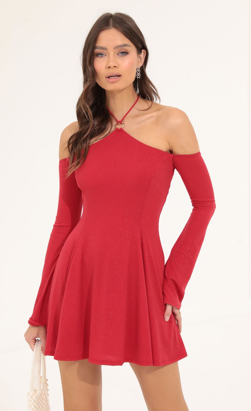 Picture Glitter Off The Shoulder Flare Dress in Red. Source: https://media-img.lucyinthesky.com/data/Aug22/850xAUTO/895ea934-ddbf-4007-8d66-1ee104c6f043.jpg