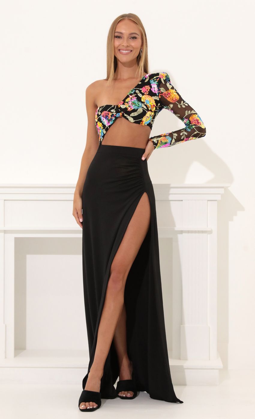 Picture One Shoulder Sequin Maxi Dress in Black. Source: https://media-img.lucyinthesky.com/data/Aug22/850xAUTO/99ed05e6-3e12-4990-a971-223b58bae028.jpg