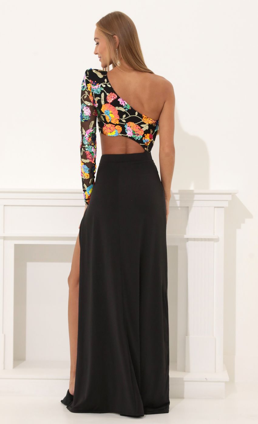 Picture One Shoulder Sequin Maxi Dress in Black. Source: https://media-img.lucyinthesky.com/data/Aug22/850xAUTO/b23ff3f1-71bf-4703-ac66-01c65913c1fd.jpg