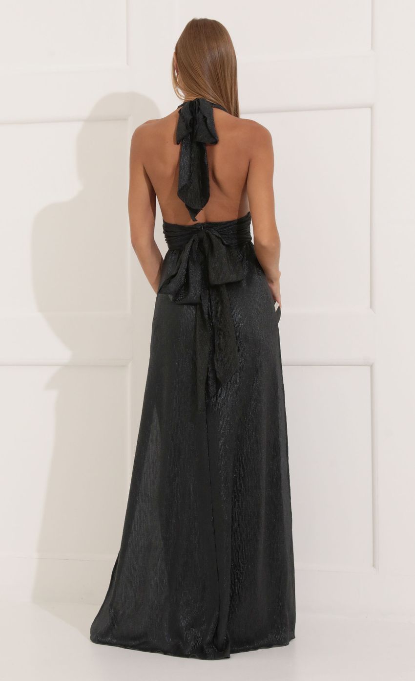 Picture Metallic Pleated Maxi Dress in Black. Source: https://media-img.lucyinthesky.com/data/Aug22/850xAUTO/f482562d-ae5f-4706-b261-59751552851b.jpg