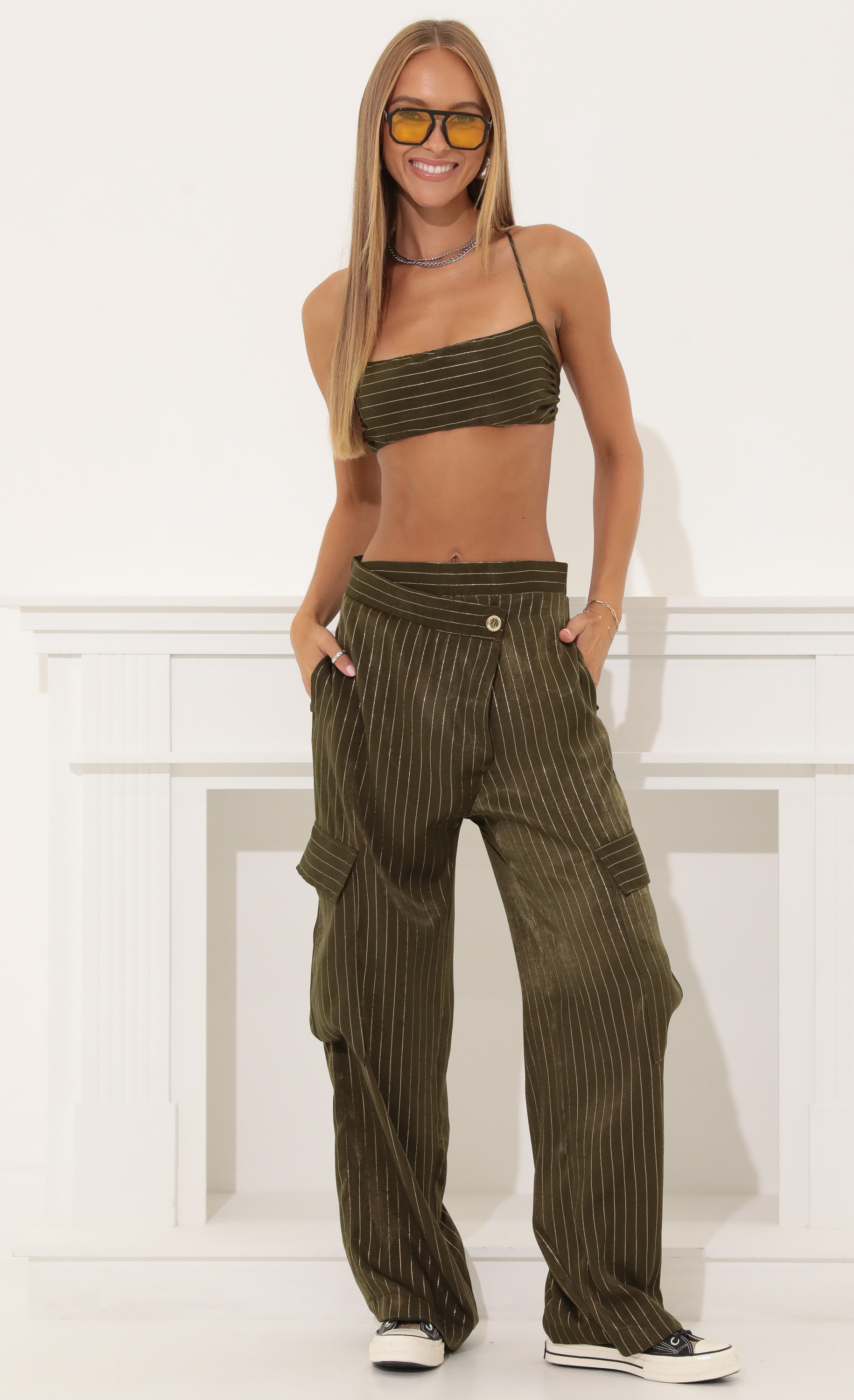 Satin Striped Two Piece Set in Olive Green