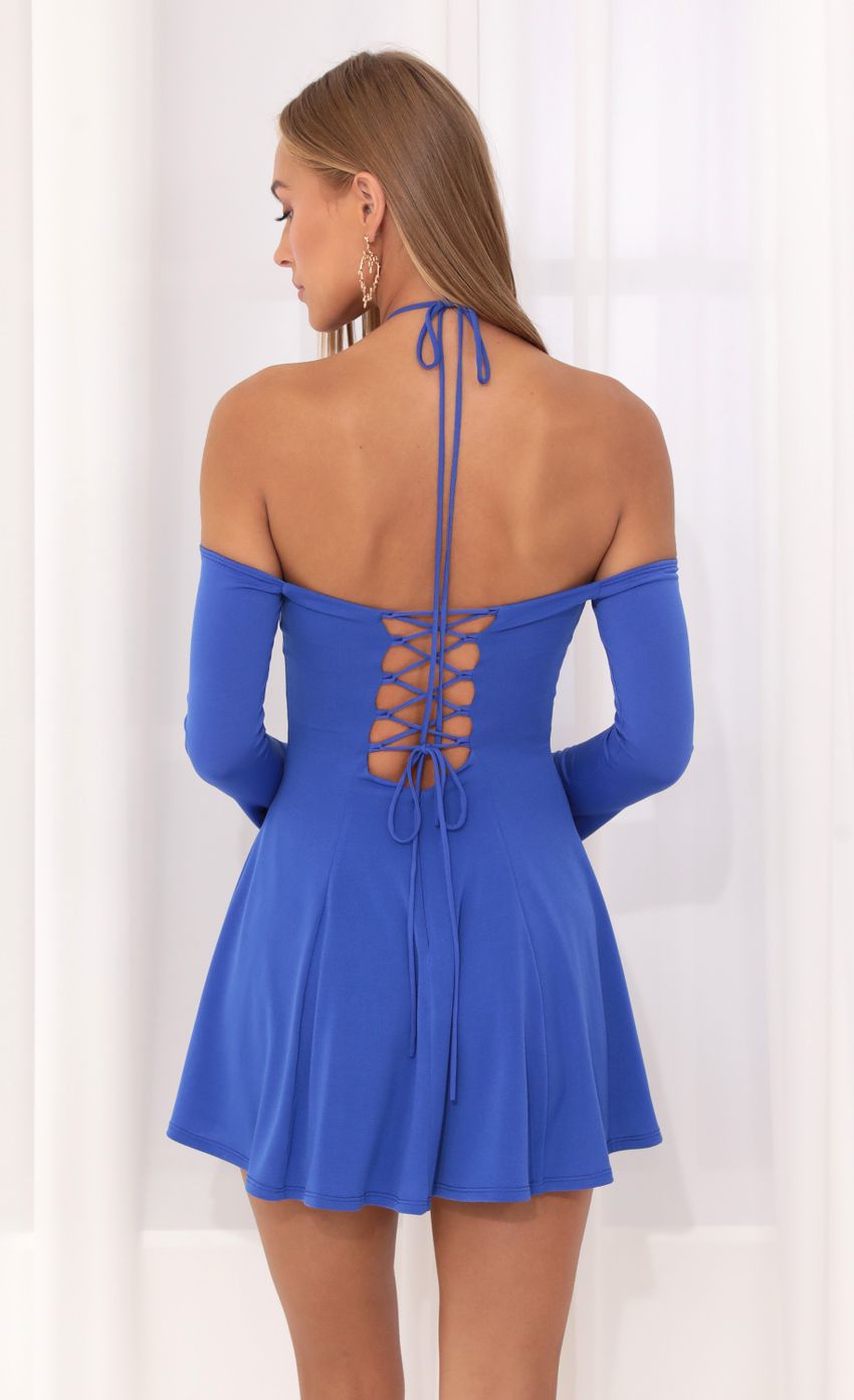 Picture Off The Shoulder Long Sleeve Flare Dress in Blue. Source: https://media-img.lucyinthesky.com/data/Aug22_2/850xAUTO/1V9A5467.JPG