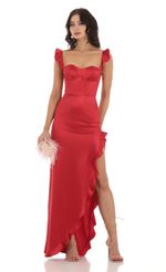 Picture Satin Ruffle Maxi Dress in Red. Source: https://media-img.lucyinthesky.com/data/Aug23/150xAUTO/8cd96c7a-73c8-4c03-8169-d8bd6c51f49b.jpg
