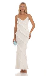 Picture Shimmer Ruffle Maxi Dress in White. Source: https://media-img.lucyinthesky.com/data/Aug23/150xAUTO/b2eff1b1-0092-47ea-bf5e-6168229b4b2f.jpg