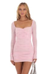 Picture Shimmer Long Sleeve Bodycon Dress in Pink. Source: https://media-img.lucyinthesky.com/data/Aug23/150xAUTO/d04685f8-3b81-45c9-9d9c-b83595b63f7b.jpg