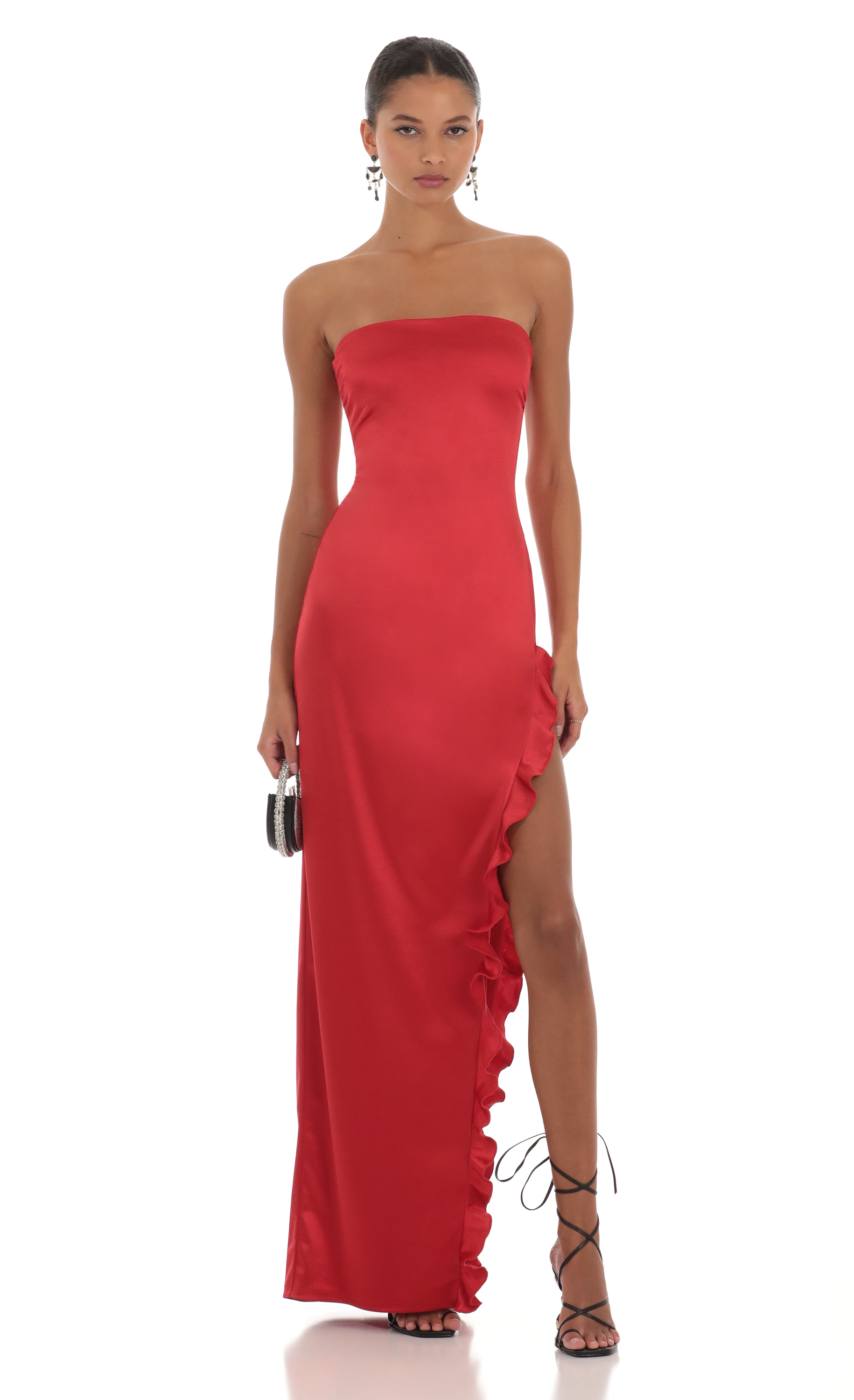 Satin Strapless Dress in Red
