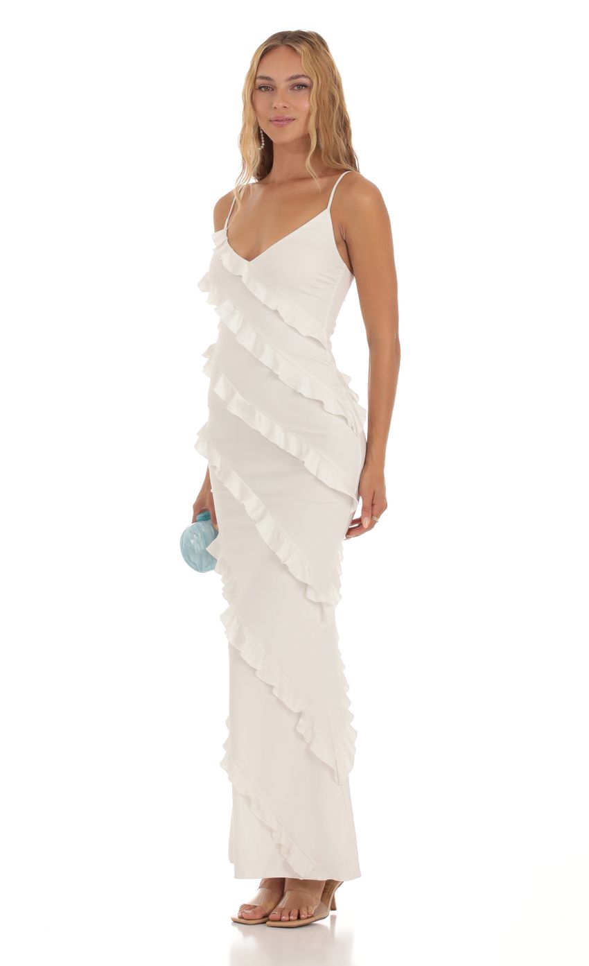 Picture Shimmer Ruffle Maxi Dress in White. Source: https://media-img.lucyinthesky.com/data/Aug23/850xAUTO/0320640d-6694-475c-93dd-b006819044c4.jpg