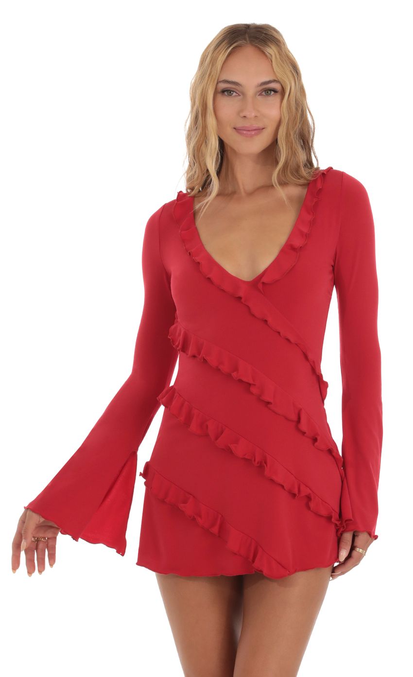 Picture Tethys Ruffle Long Sleeve Dress in Red. Source: https://media-img.lucyinthesky.com/data/Aug23/850xAUTO/0bc12e9d-d2fb-42d5-b205-5a90b9a05025.jpg