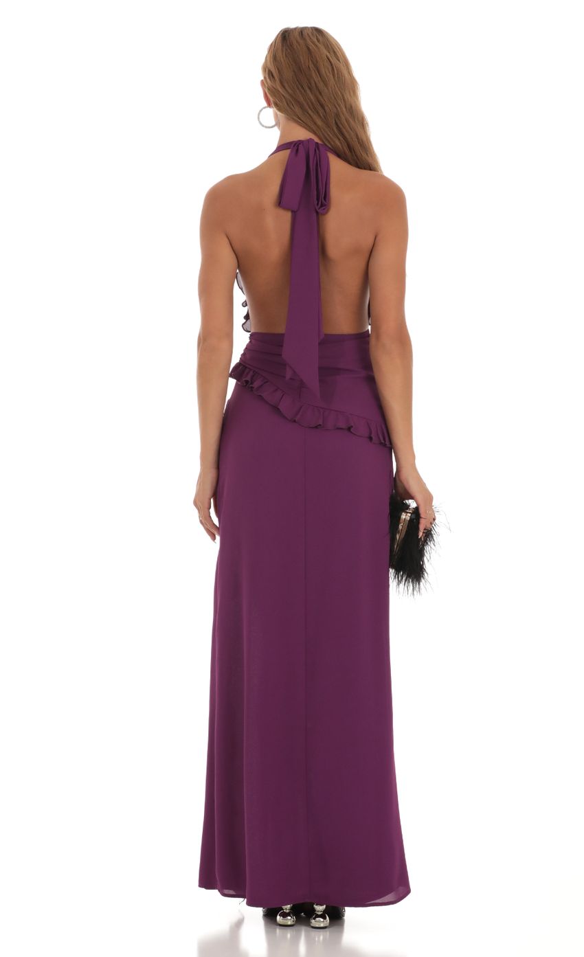 Picture Rhea Plunge Neck Halter Dress in Purple. Source: https://media-img.lucyinthesky.com/data/Aug23/850xAUTO/29de6cb2-70e4-43ad-99e0-562c90a08508.jpg